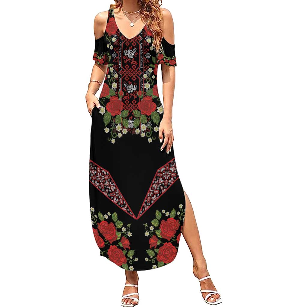 Traditional Ukrainian Costume Summer Maxi Dress Red Floral Embroidery Style