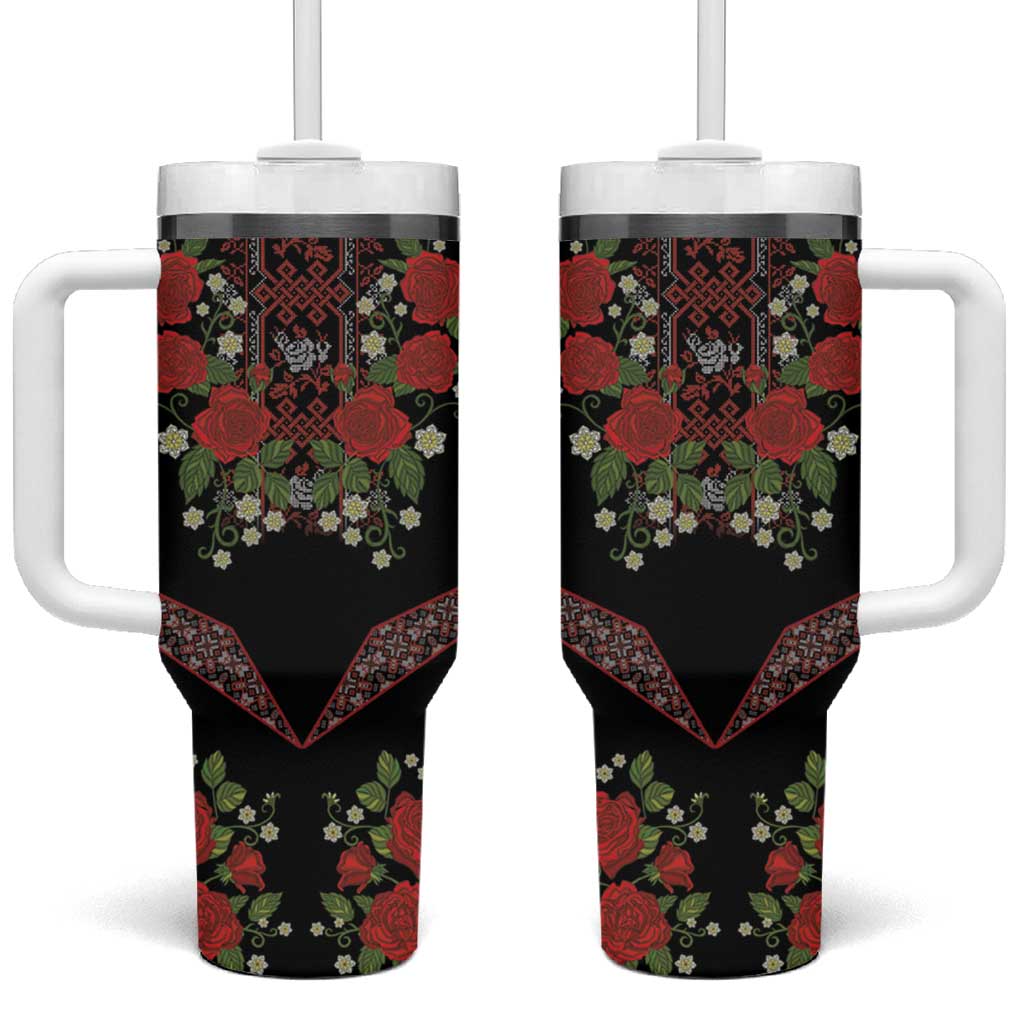 Traditional Ukrainian Costume Tumbler With Handle Red Floral Embroidery Style