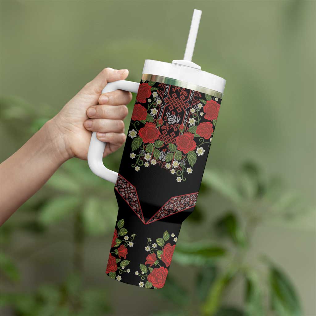 Traditional Ukrainian Costume Tumbler With Handle Red Floral Embroidery Style