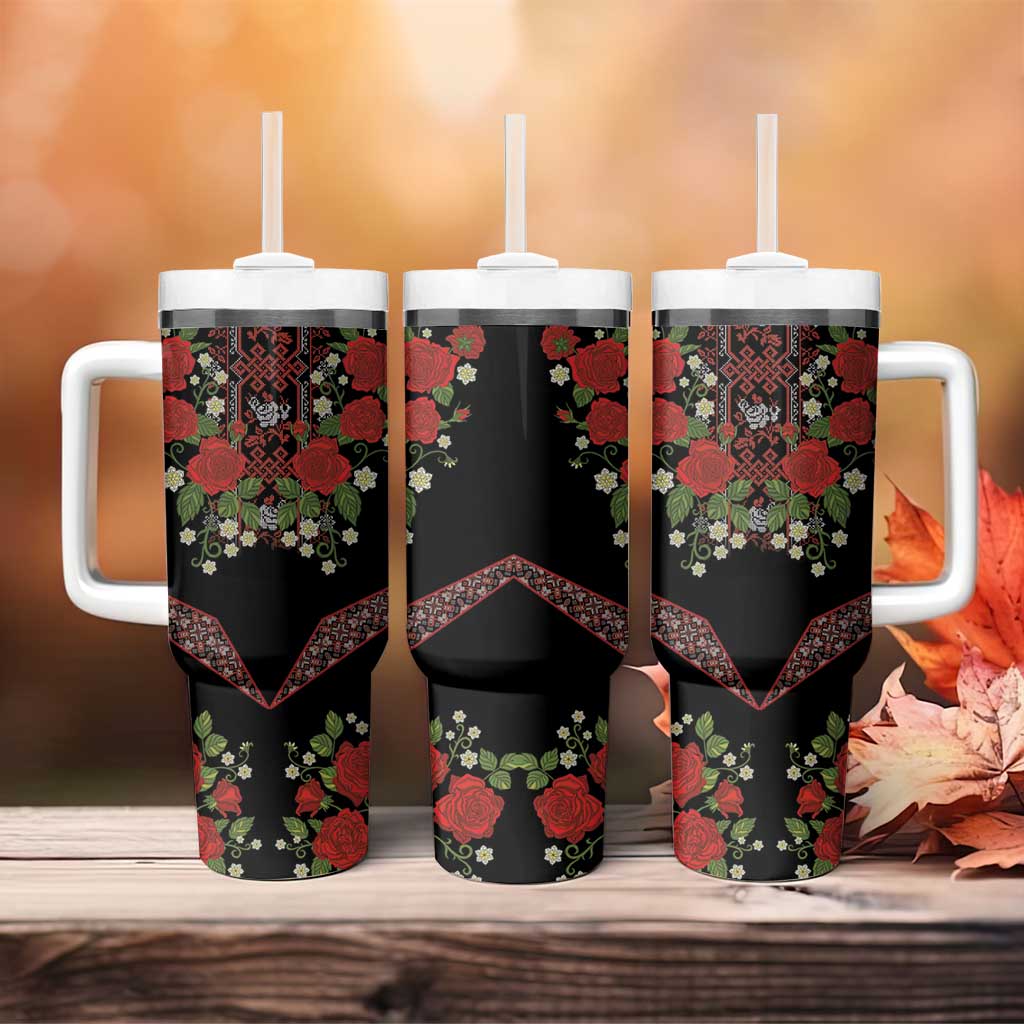 Traditional Ukrainian Costume Tumbler With Handle Red Floral Embroidery Style