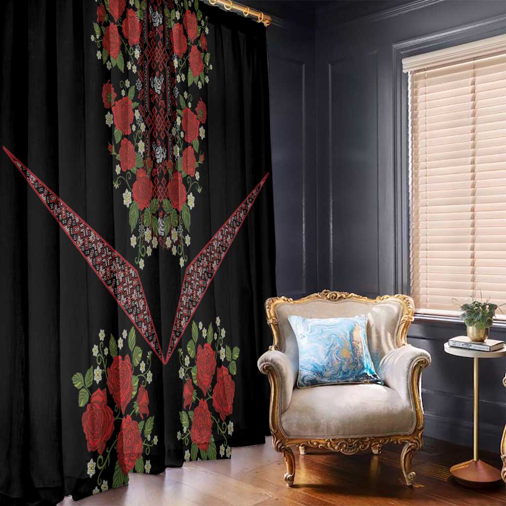 Traditional Ukrainian Costume Window Curtain Red Floral Embroidery Style