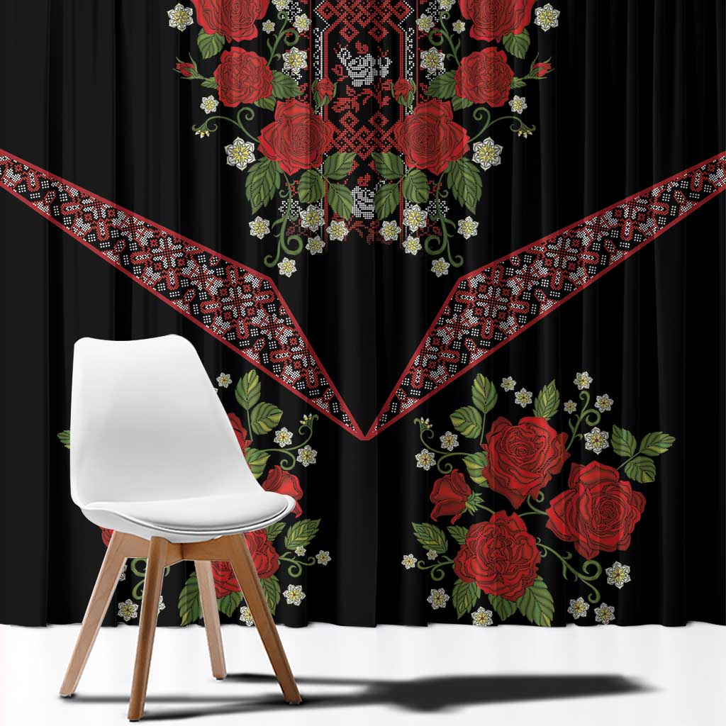 Traditional Ukrainian Costume Window Curtain Red Floral Embroidery Style