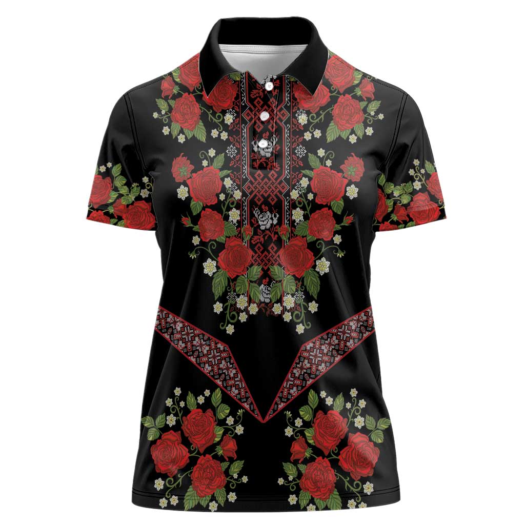 Traditional Ukrainian Costume Women Polo Shirt Red Floral Embroidery Style