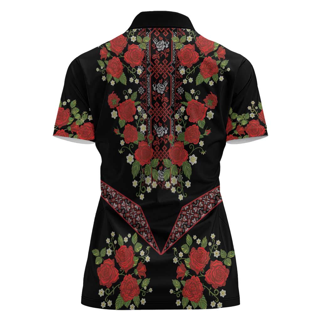 Traditional Ukrainian Costume Women Polo Shirt Red Floral Embroidery Style