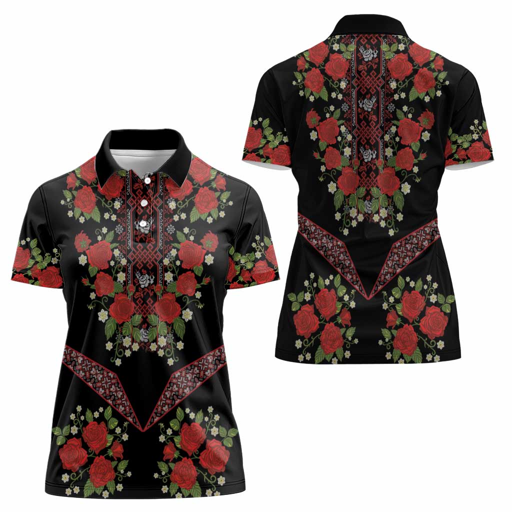 Traditional Ukrainian Costume Women Polo Shirt Red Floral Embroidery Style