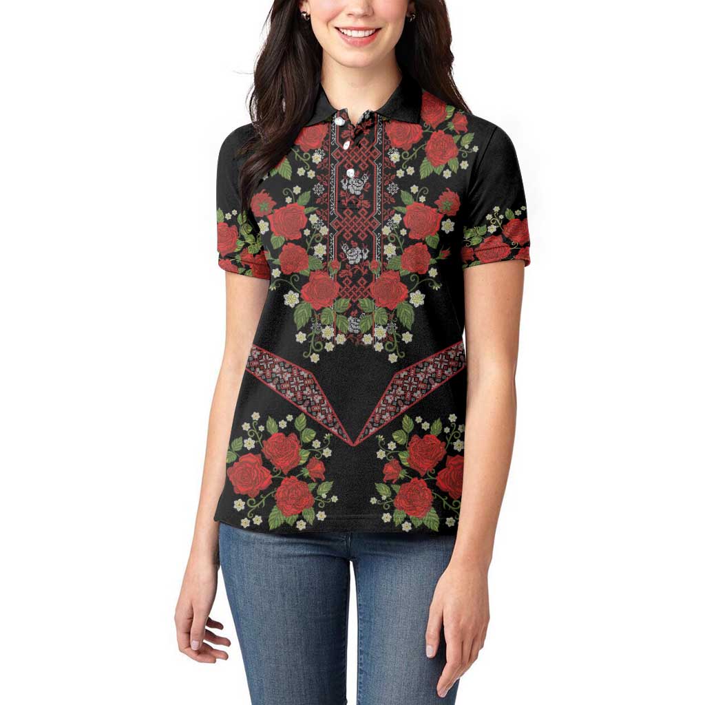 Traditional Ukrainian Costume Women Polo Shirt Red Floral Embroidery Style