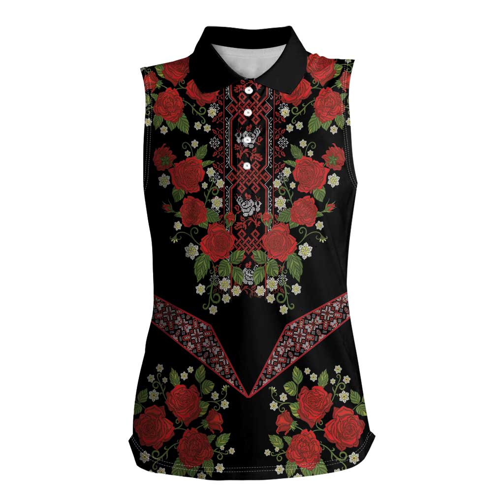 Traditional Ukrainian Costume Women Sleeveless Polo Shirt Red Floral Embroidery Style