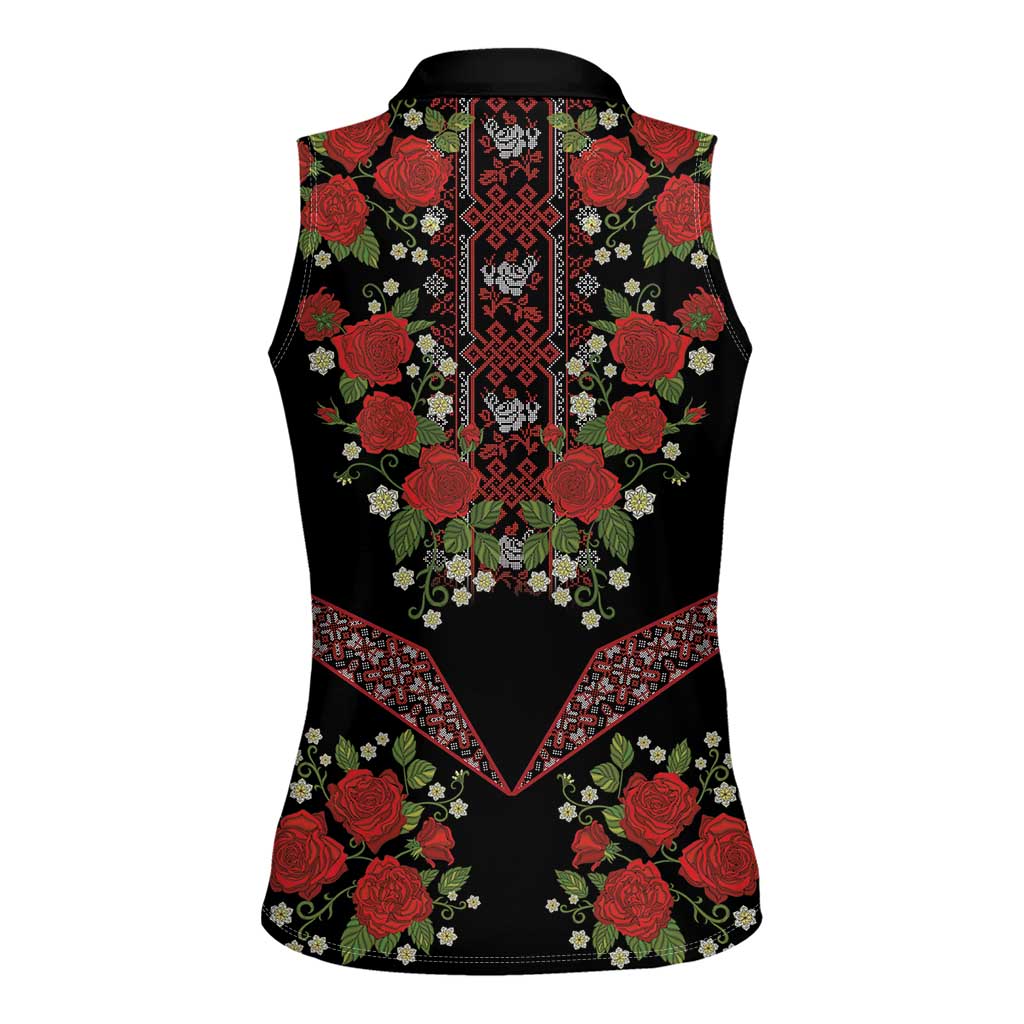 Traditional Ukrainian Costume Women Sleeveless Polo Shirt Red Floral Embroidery Style