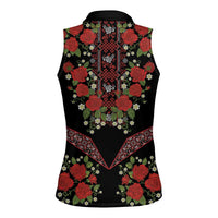 Traditional Ukrainian Costume Women Sleeveless Polo Shirt Red Floral Embroidery Style