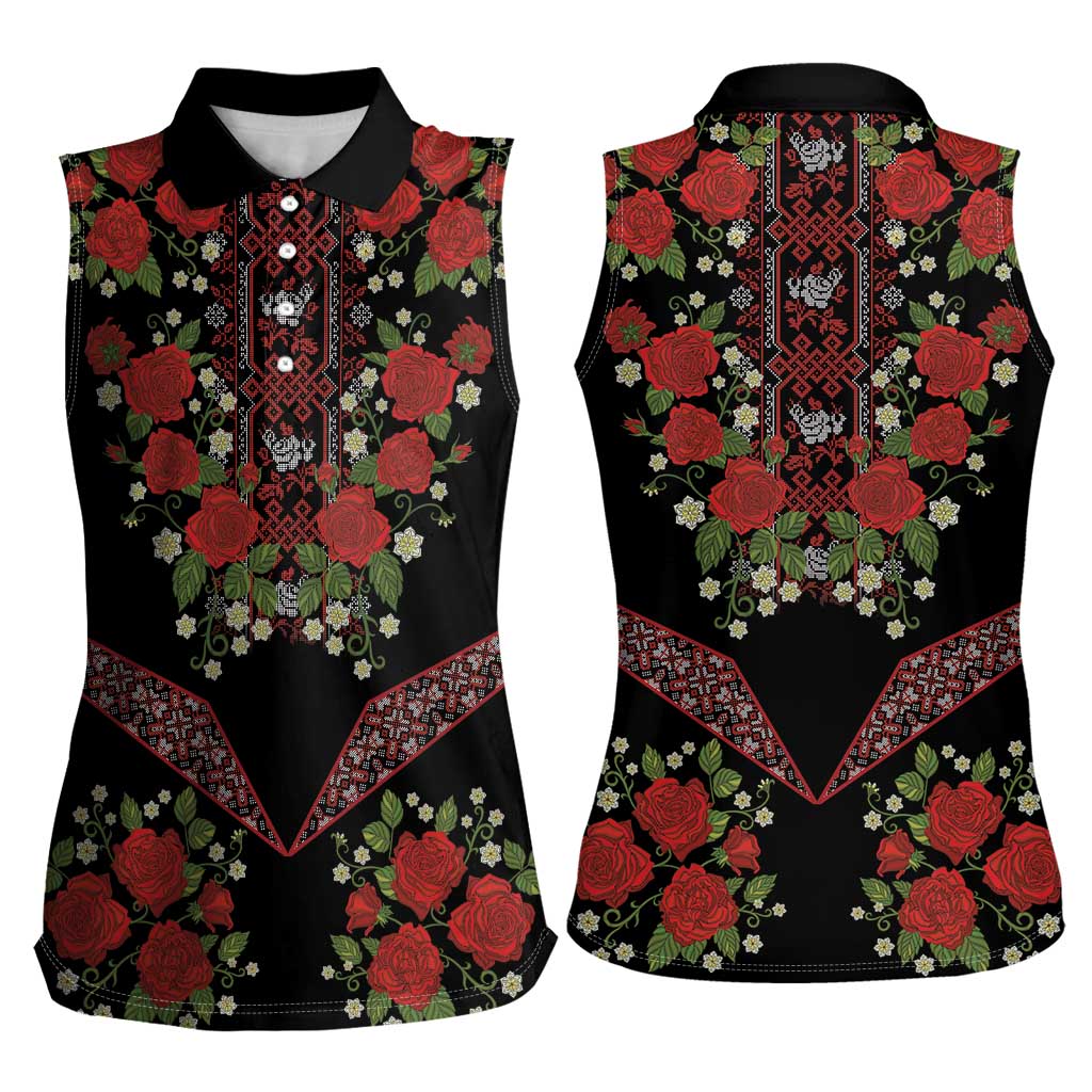 Traditional Ukrainian Costume Women Sleeveless Polo Shirt Red Floral Embroidery Style