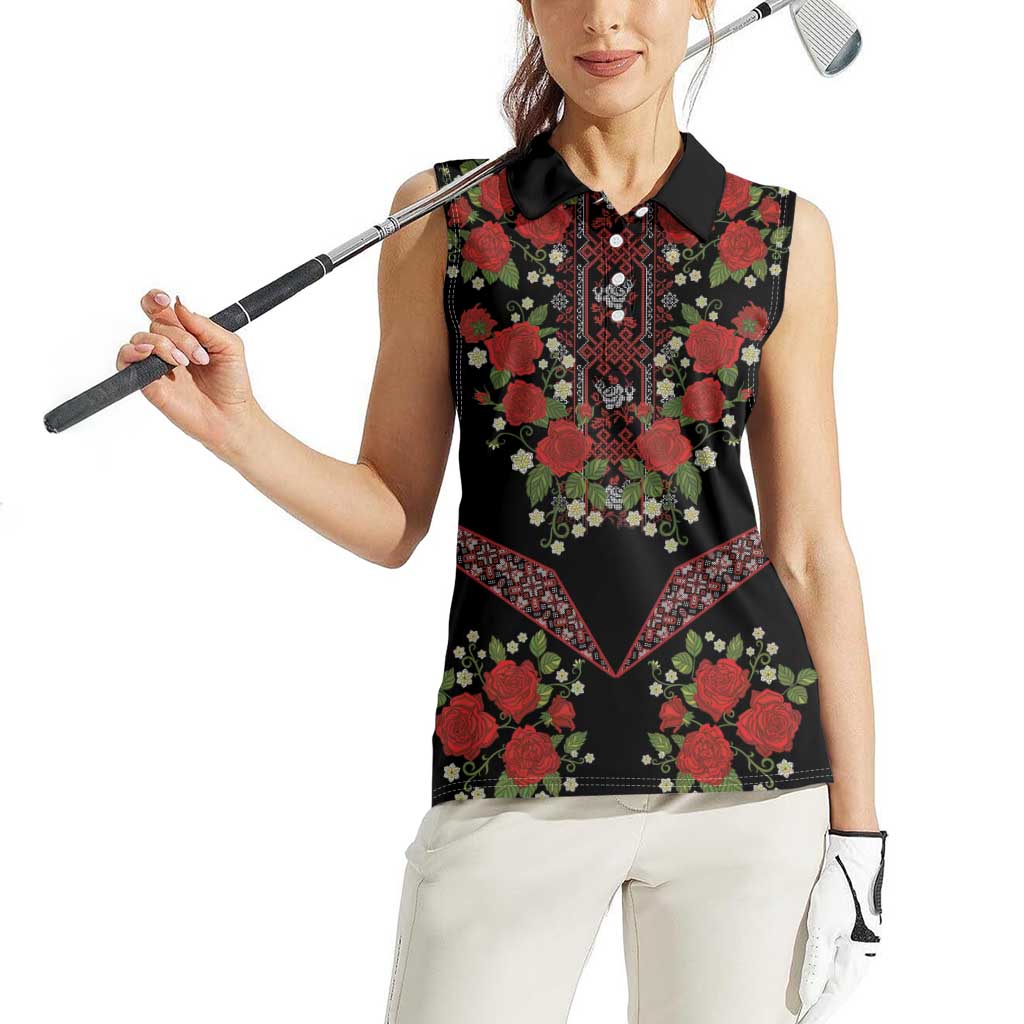 Traditional Ukrainian Costume Women Sleeveless Polo Shirt Red Floral Embroidery Style