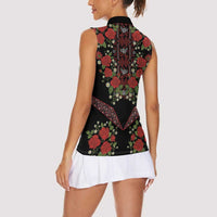 Traditional Ukrainian Costume Women Sleeveless Polo Shirt Red Floral Embroidery Style