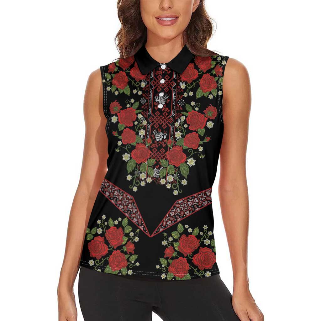 Traditional Ukrainian Costume Women Sleeveless Polo Shirt Red Floral Embroidery Style