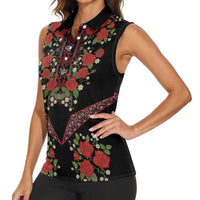Traditional Ukrainian Costume Women Sleeveless Polo Shirt Red Floral Embroidery Style