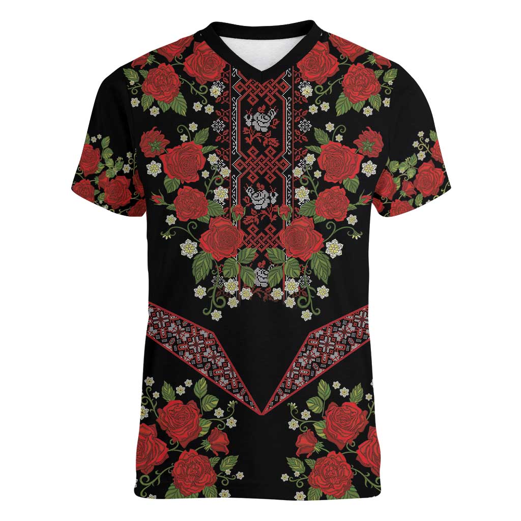 Traditional Ukrainian Costume Women V-Neck T-Shirt Red Floral Embroidery Style