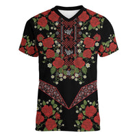 Traditional Ukrainian Costume Women V-Neck T-Shirt Red Floral Embroidery Style