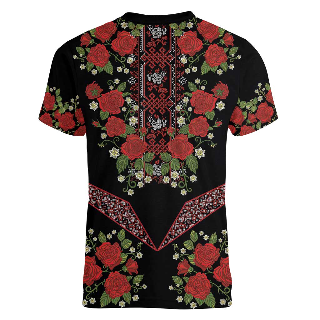 Traditional Ukrainian Costume Women V-Neck T-Shirt Red Floral Embroidery Style