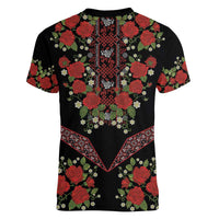 Traditional Ukrainian Costume Women V-Neck T-Shirt Red Floral Embroidery Style