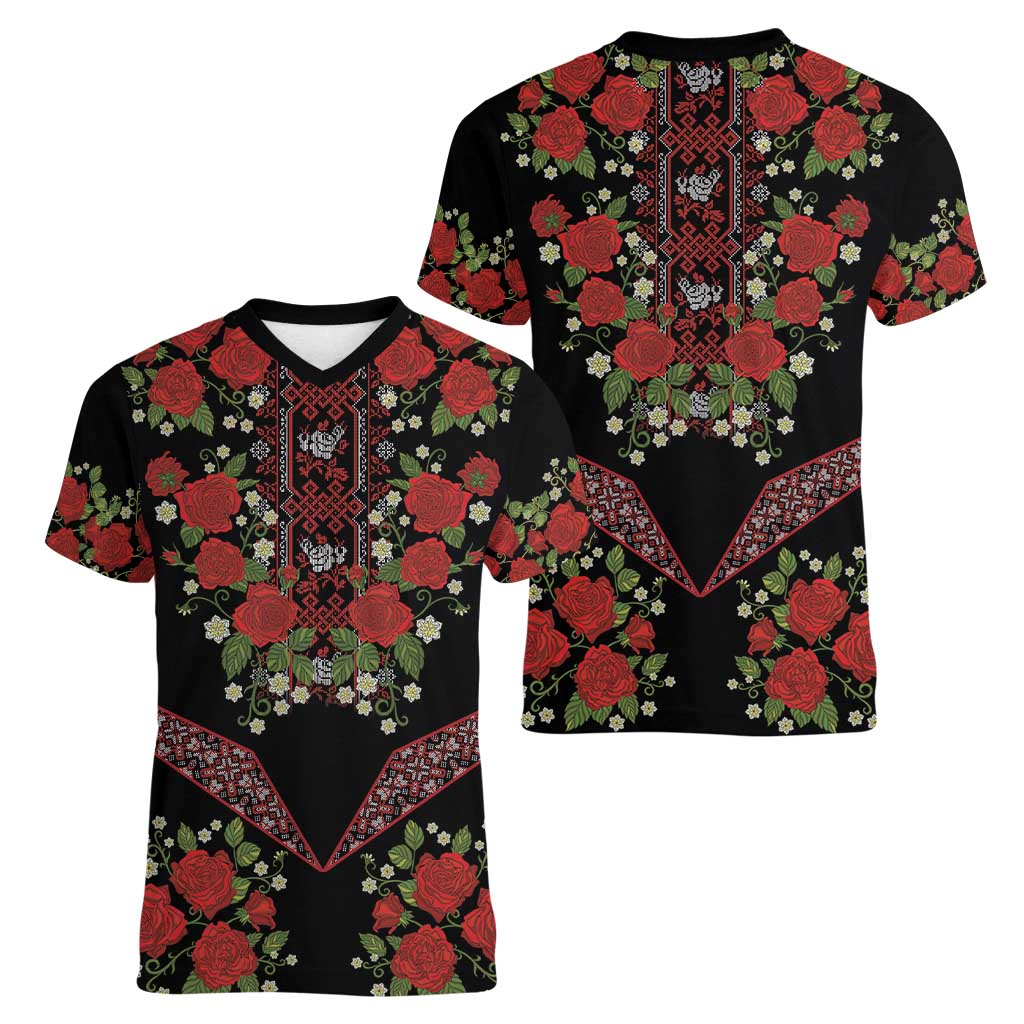 Traditional Ukrainian Costume Women V-Neck T-Shirt Red Floral Embroidery Style