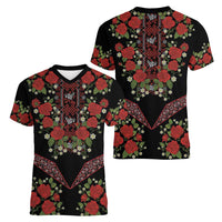 Traditional Ukrainian Costume Women V-Neck T-Shirt Red Floral Embroidery Style