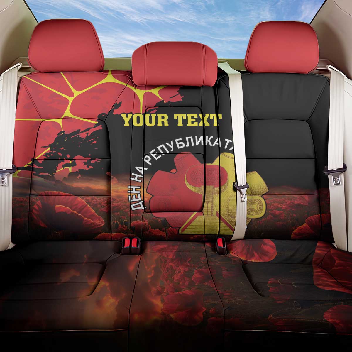 Personalized Macedonia Republic Day Back Car Seat Cover Ilinden Monument Red Poppy - Wonder Print Shop