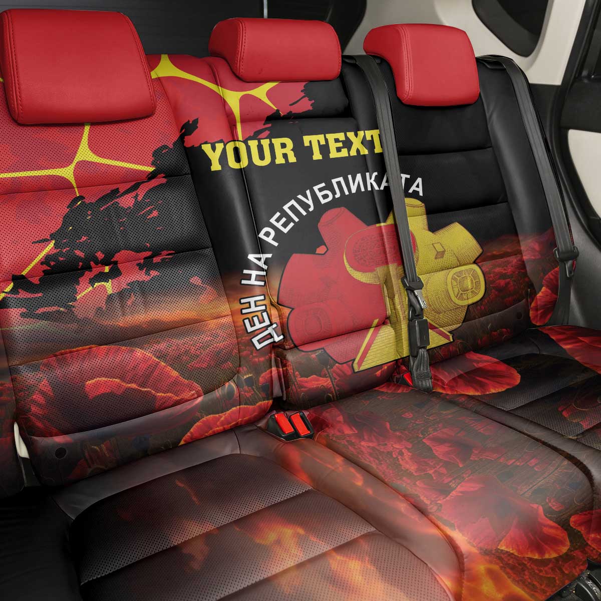 Personalized Macedonia Republic Day Back Car Seat Cover Ilinden Monument Red Poppy - Wonder Print Shop