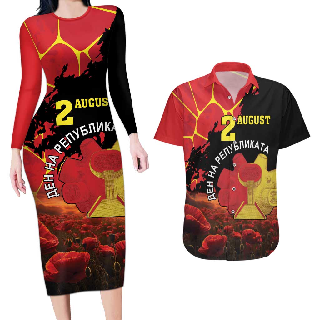 Personalized Macedonia Republic Day Couples Matching Long Sleeve Bodycon Dress and Hawaiian Shirt Ilinden Monument Red Poppy - Wonder Print Shop