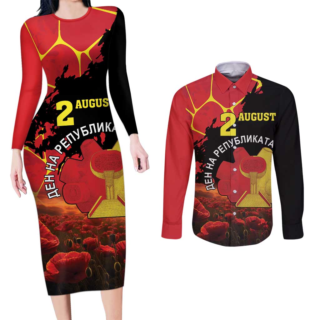 Personalized Macedonia Republic Day Couples Matching Long Sleeve Bodycon Dress and Long Sleeve Button Shirt Ilinden Monument Red Poppy - Wonder Print Shop