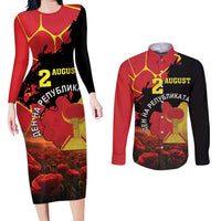 Personalized Macedonia Republic Day Couples Matching Long Sleeve Bodycon Dress and Long Sleeve Button Shirt Ilinden Monument Red Poppy - Wonder Print Shop