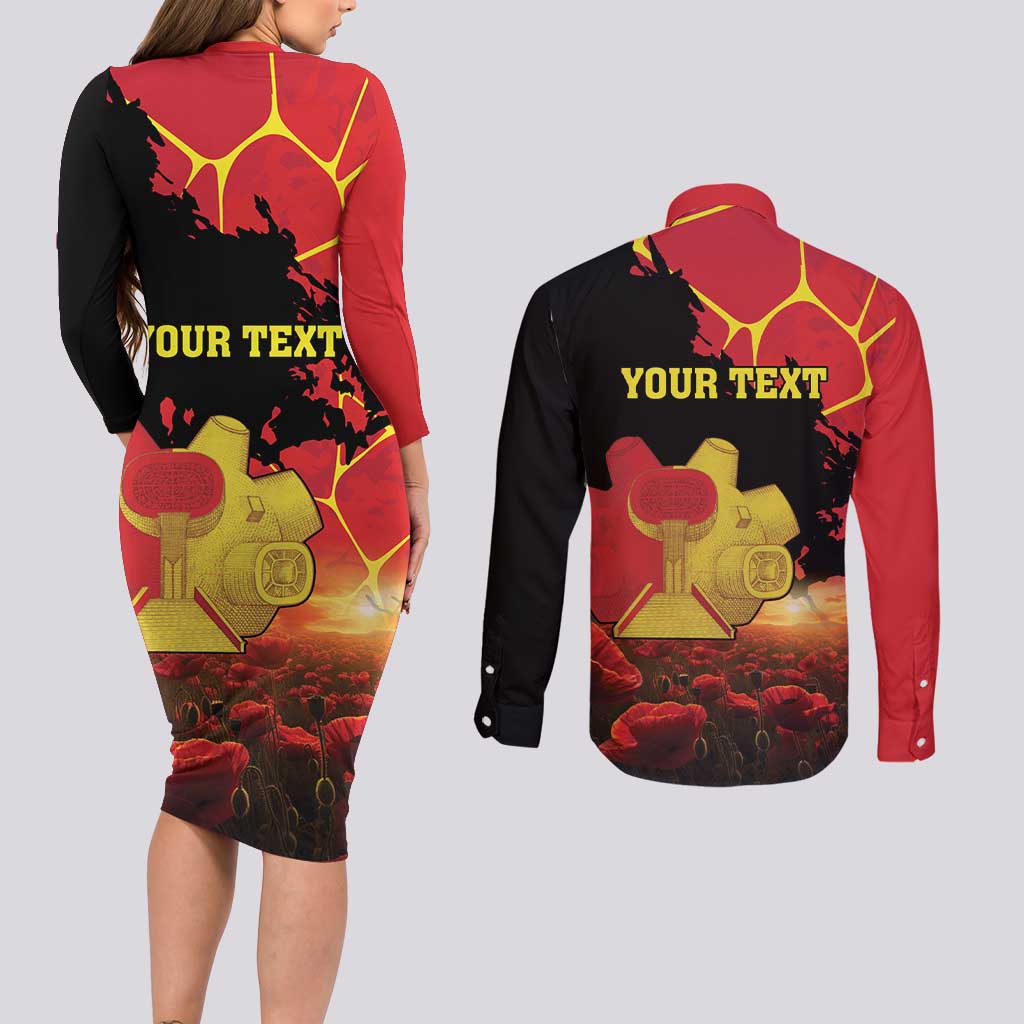 Personalized Macedonia Republic Day Couples Matching Long Sleeve Bodycon Dress and Long Sleeve Button Shirt Ilinden Monument Red Poppy - Wonder Print Shop