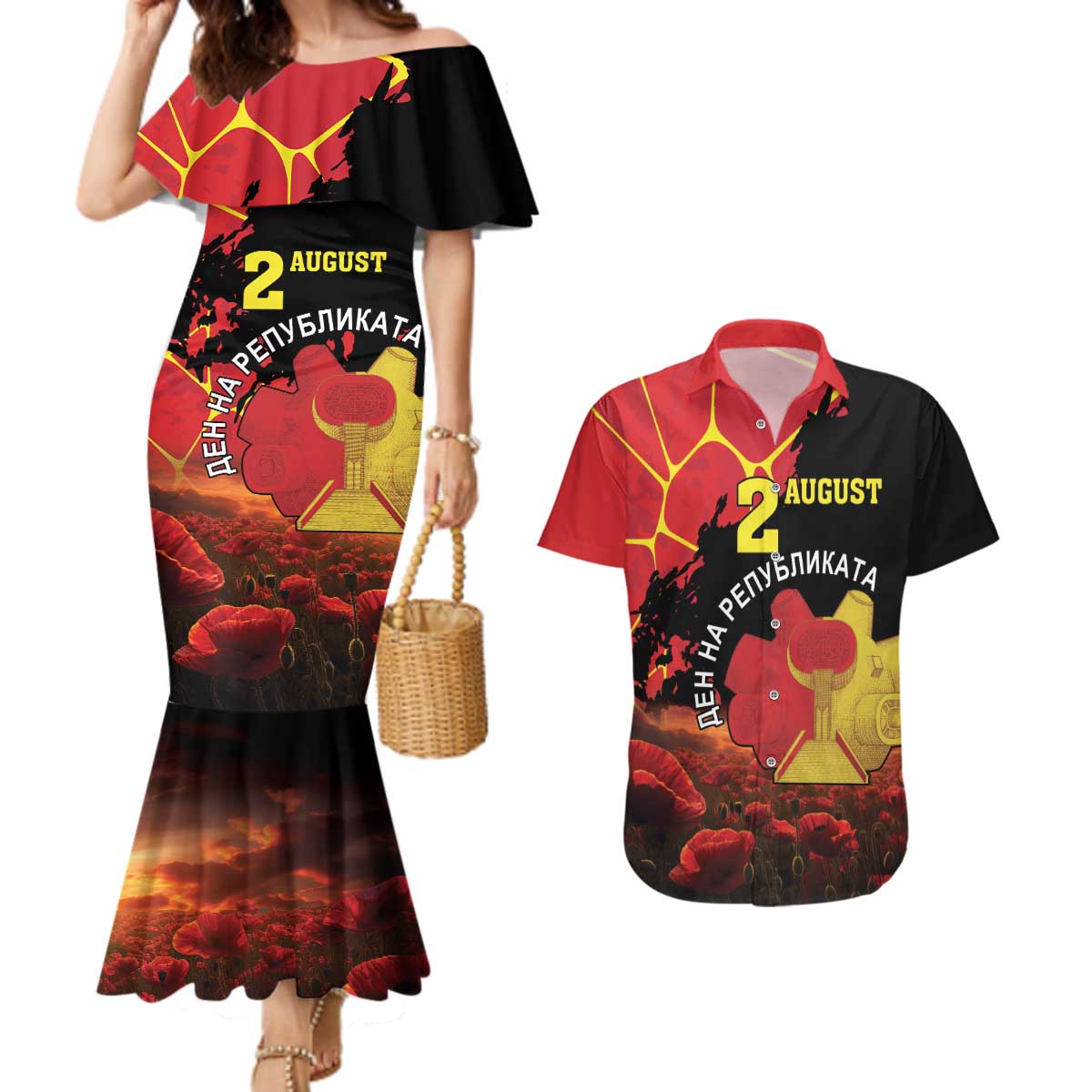 Personalized Macedonia Republic Day Couples Matching Mermaid Dress and Hawaiian Shirt Ilinden Monument Red Poppy - Wonder Print Shop