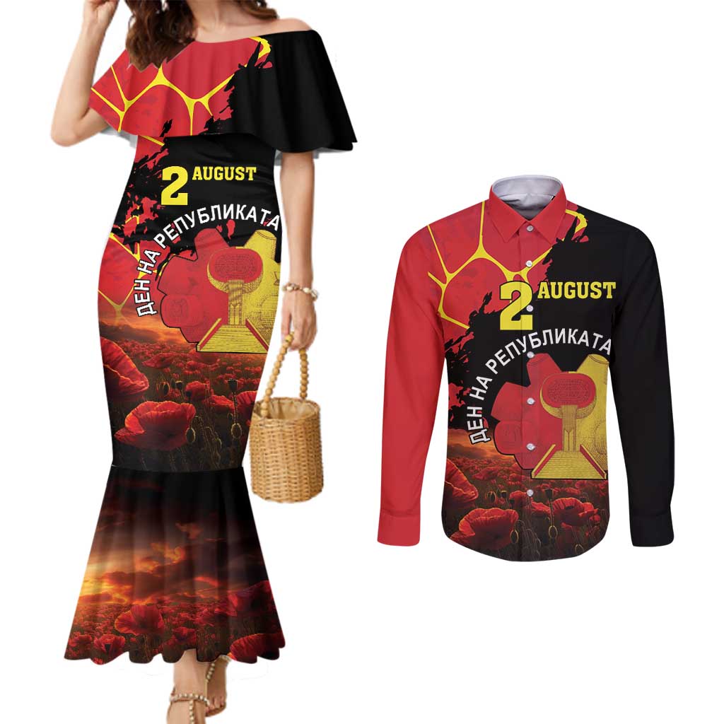 Personalized Macedonia Republic Day Couples Matching Mermaid Dress and Long Sleeve Button Shirt Ilinden Monument Red Poppy - Wonder Print Shop