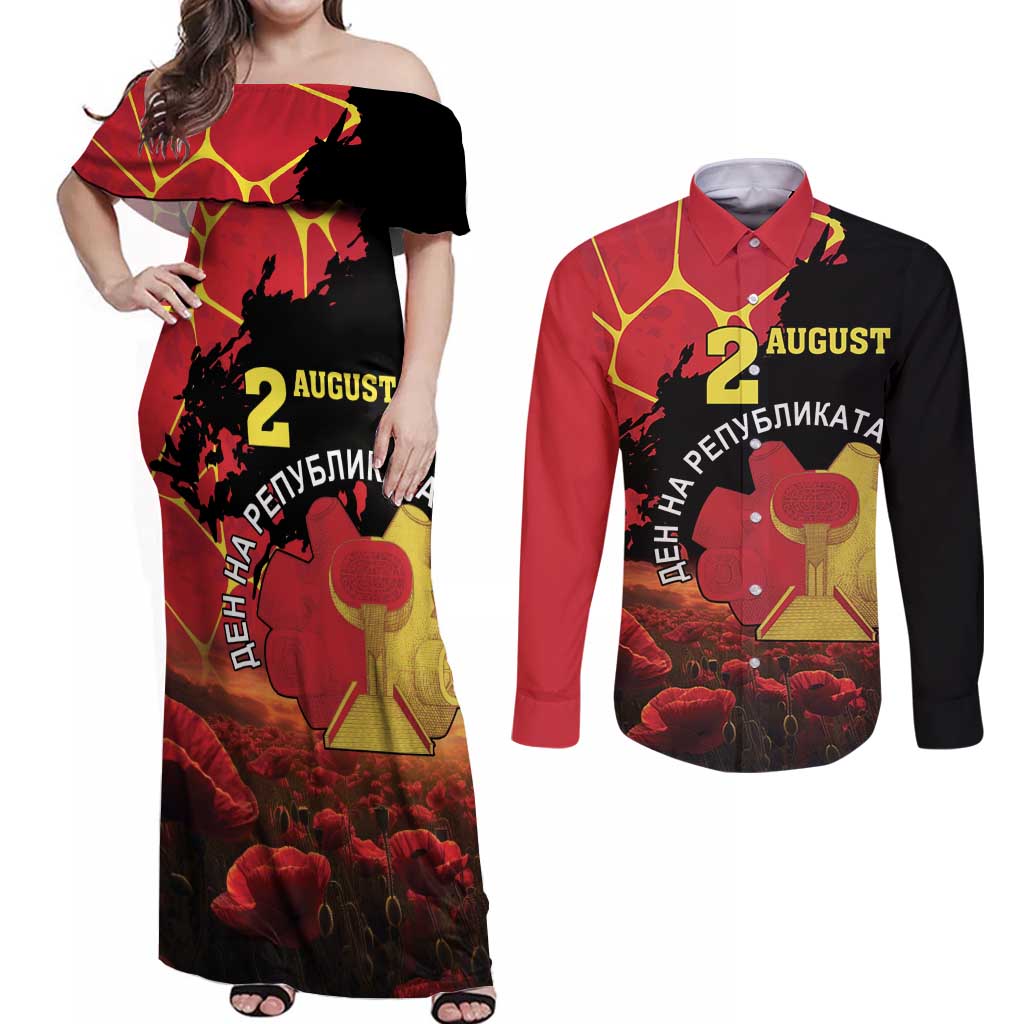 Personalized Macedonia Republic Day Couples Matching Off Shoulder Maxi Dress and Long Sleeve Button Shirt Ilinden Monument Red Poppy - Wonder Print Shop