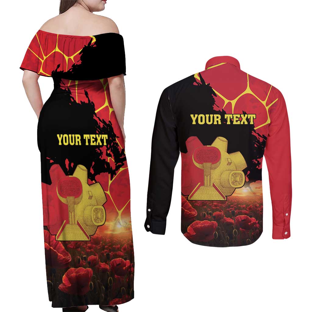 Personalized Macedonia Republic Day Couples Matching Off Shoulder Maxi Dress and Long Sleeve Button Shirt Ilinden Monument Red Poppy - Wonder Print Shop