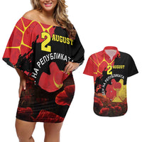Personalized Macedonia Republic Day Couples Matching Off Shoulder Short Dress and Hawaiian Shirt Ilinden Monument Red Poppy - Wonder Print Shop