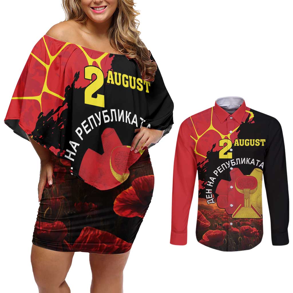 Personalized Macedonia Republic Day Couples Matching Off Shoulder Short Dress and Long Sleeve Button Shirt Ilinden Monument Red Poppy - Wonder Print Shop