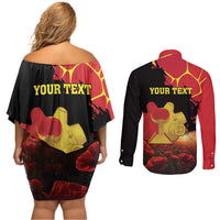 Personalized Macedonia Republic Day Couples Matching Off Shoulder Short Dress and Long Sleeve Button Shirt Ilinden Monument Red Poppy - Wonder Print Shop