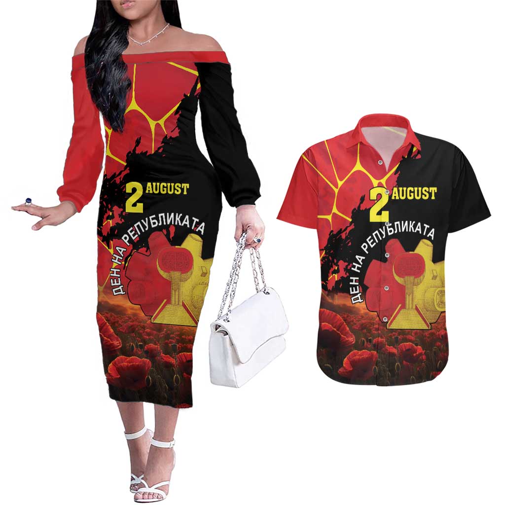 Personalized Macedonia Republic Day Couples Matching Off The Shoulder Long Sleeve Dress and Hawaiian Shirt Ilinden Monument Red Poppy - Wonder Print Shop
