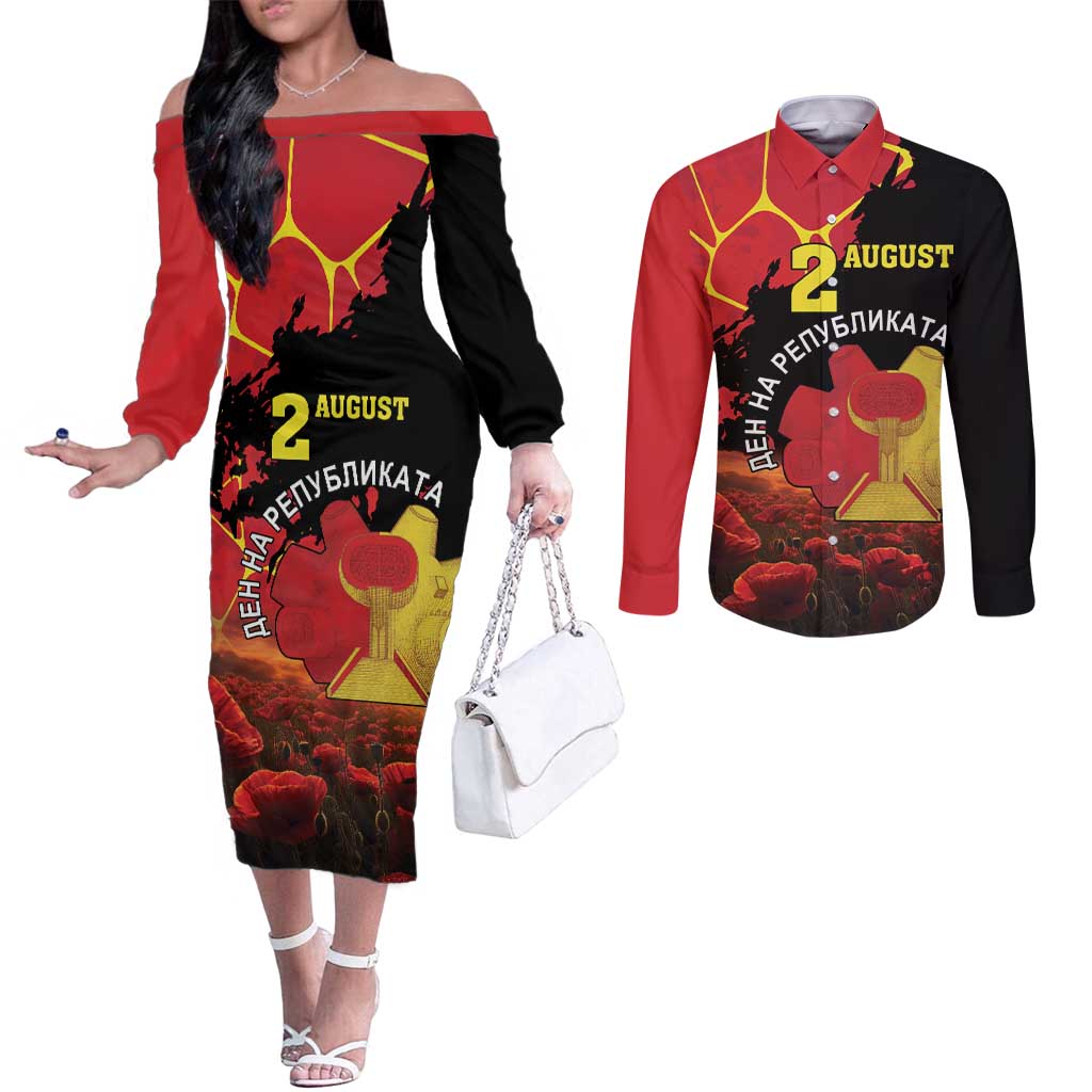 Personalized Macedonia Republic Day Couples Matching Off The Shoulder Long Sleeve Dress and Long Sleeve Button Shirt Ilinden Monument Red Poppy - Wonder Print Shop