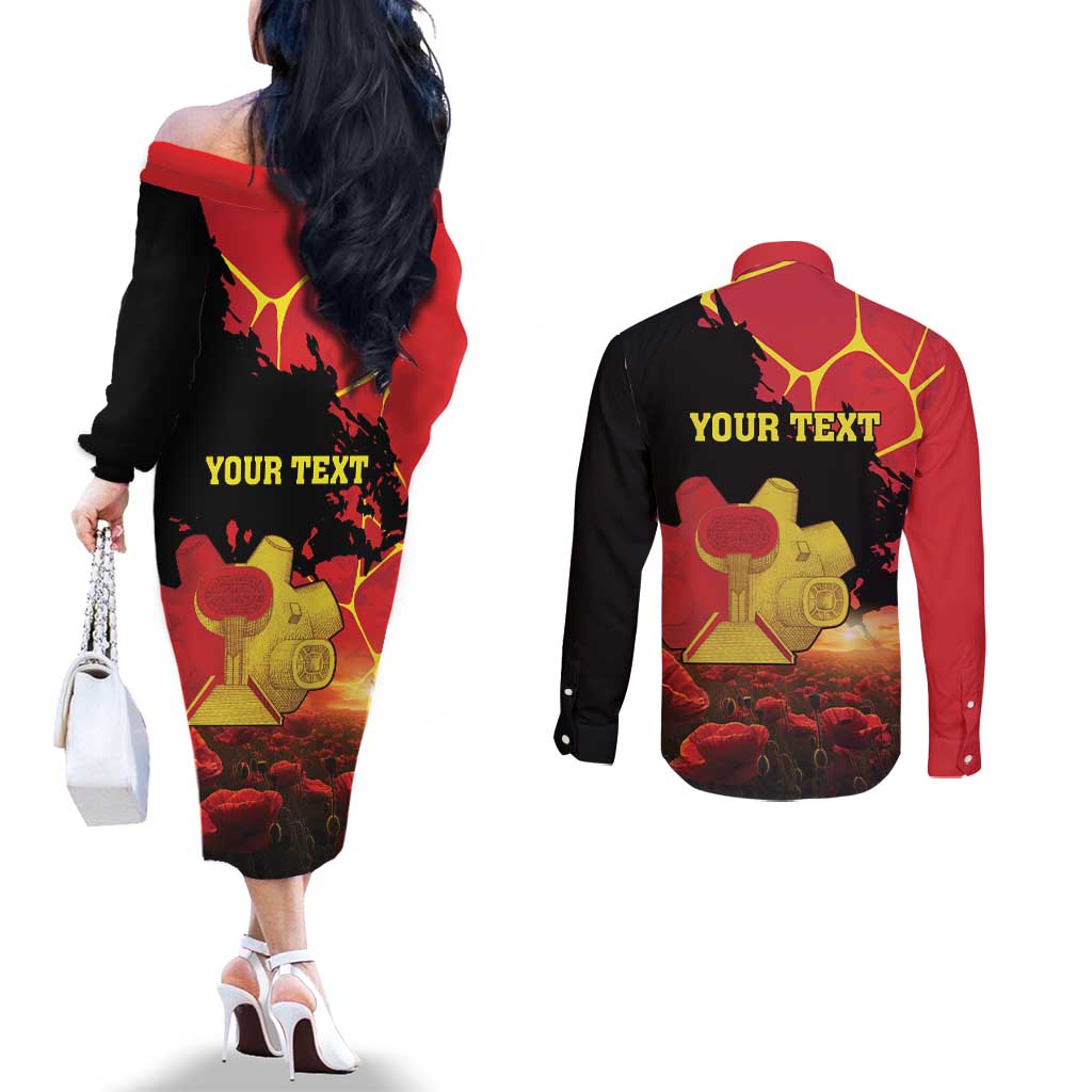 Personalized Macedonia Republic Day Couples Matching Off The Shoulder Long Sleeve Dress and Long Sleeve Button Shirt Ilinden Monument Red Poppy - Wonder Print Shop