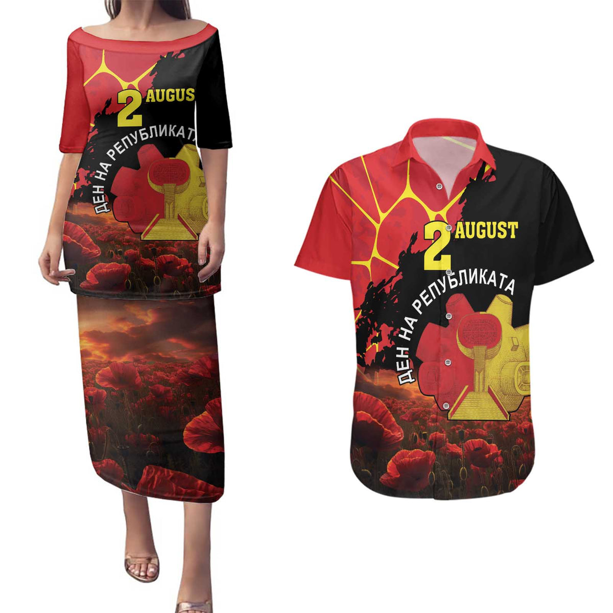 Personalized Macedonia Republic Day Couples Matching Puletasi and Hawaiian Shirt Ilinden Monument Red Poppy - Wonder Print Shop