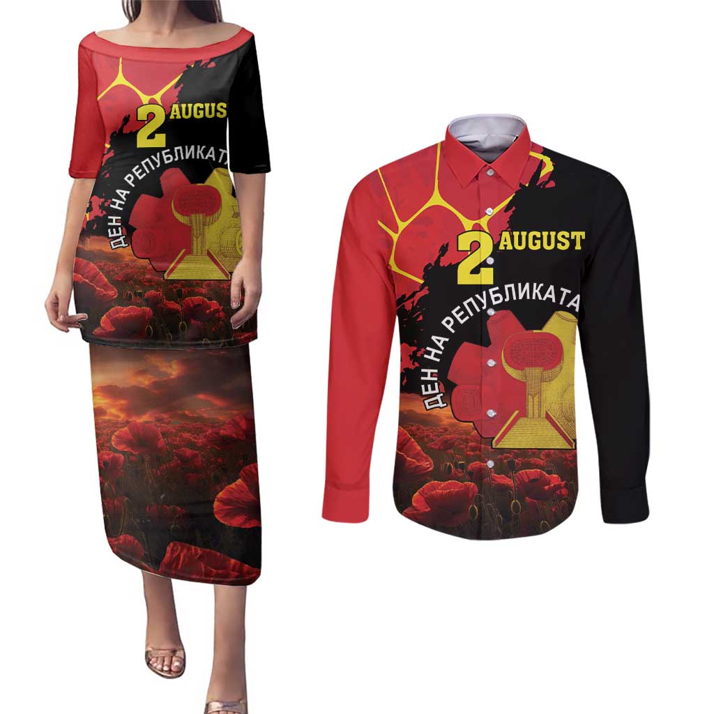 Personalized Macedonia Republic Day Couples Matching Puletasi and Long Sleeve Button Shirt Ilinden Monument Red Poppy - Wonder Print Shop