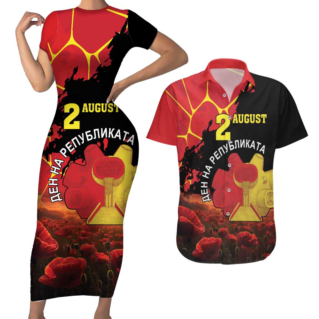 Personalized Macedonia Republic Day Couples Matching Short Sleeve Bodycon Dress and Hawaiian Shirt Ilinden Monument Red Poppy - Wonder Print Shop