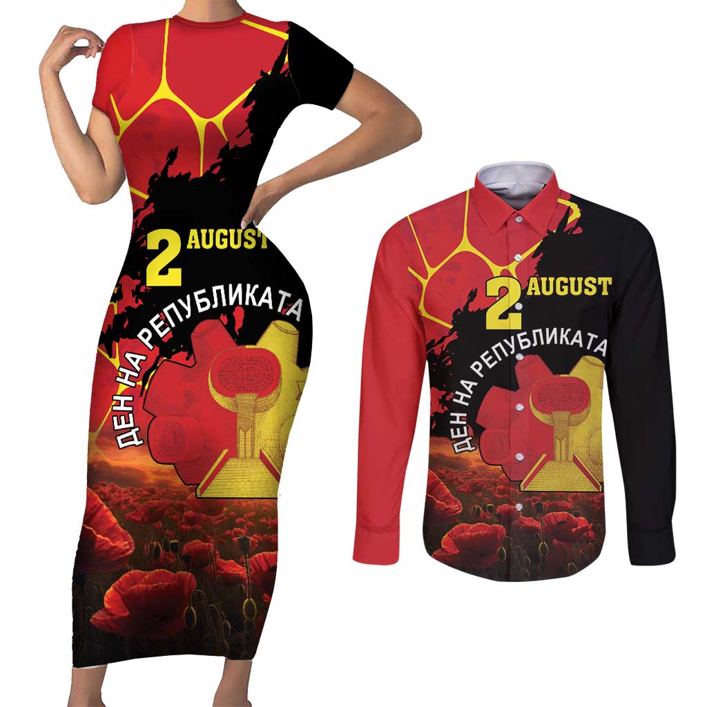 Personalized Macedonia Republic Day Couples Matching Short Sleeve Bodycon Dress and Long Sleeve Button Shirt Ilinden Monument Red Poppy - Wonder Print Shop