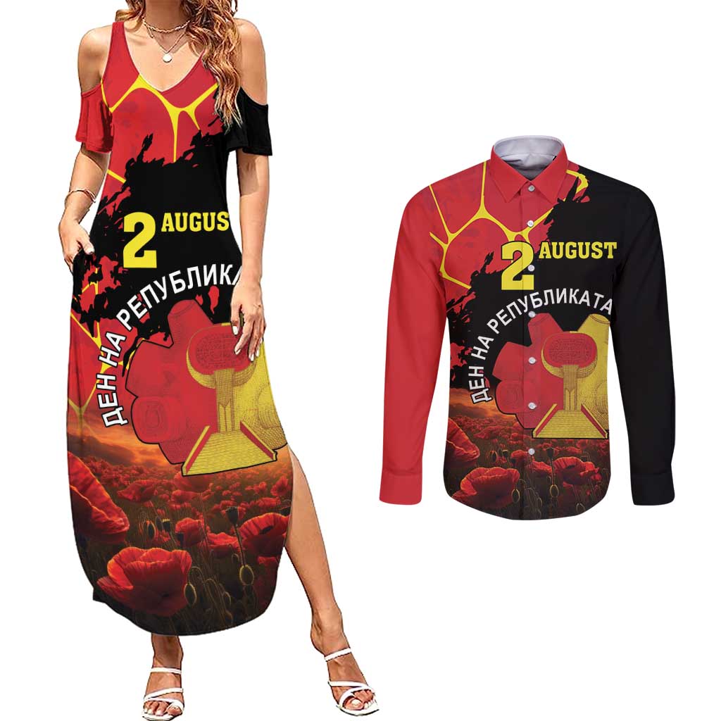 Personalized Macedonia Republic Day Couples Matching Summer Maxi Dress and Long Sleeve Button Shirt Ilinden Monument Red Poppy - Wonder Print Shop