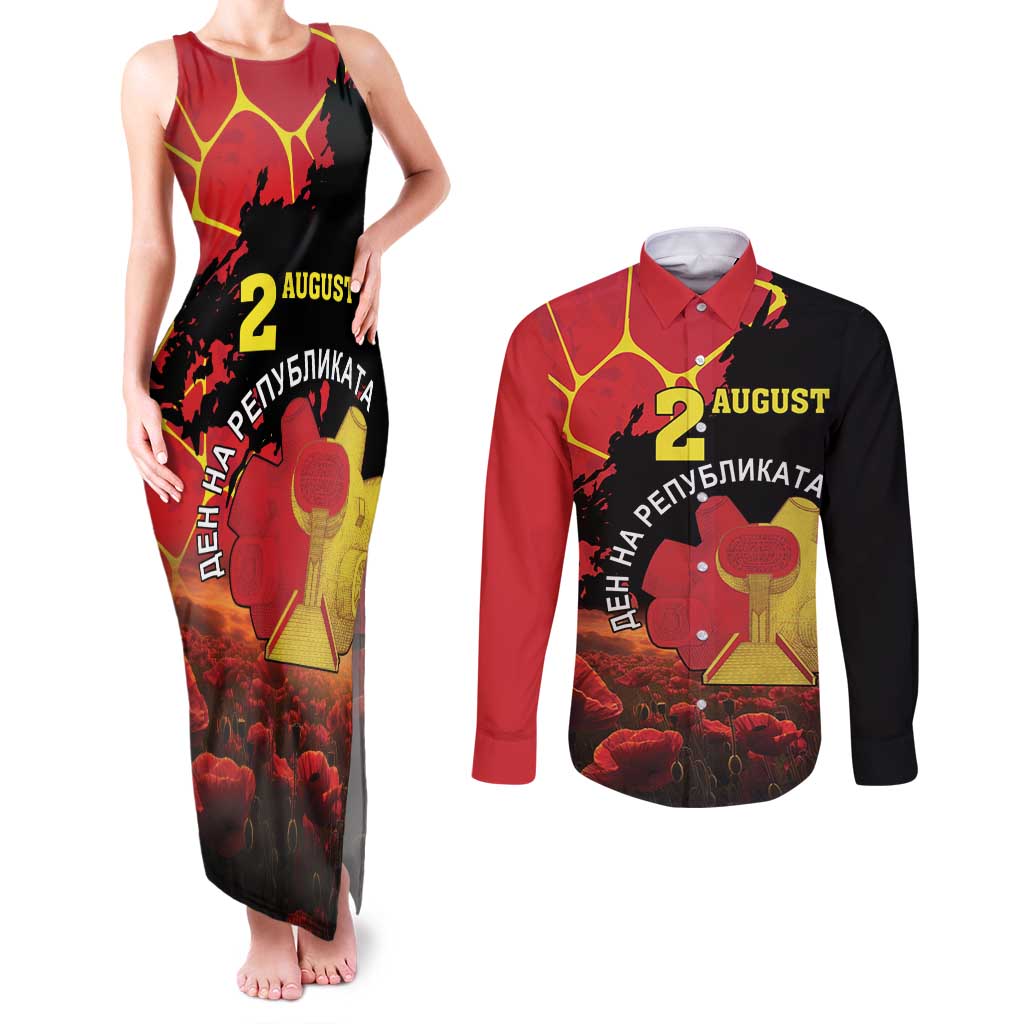 Personalized Macedonia Republic Day Couples Matching Tank Maxi Dress and Long Sleeve Button Shirt Ilinden Monument Red Poppy - Wonder Print Shop