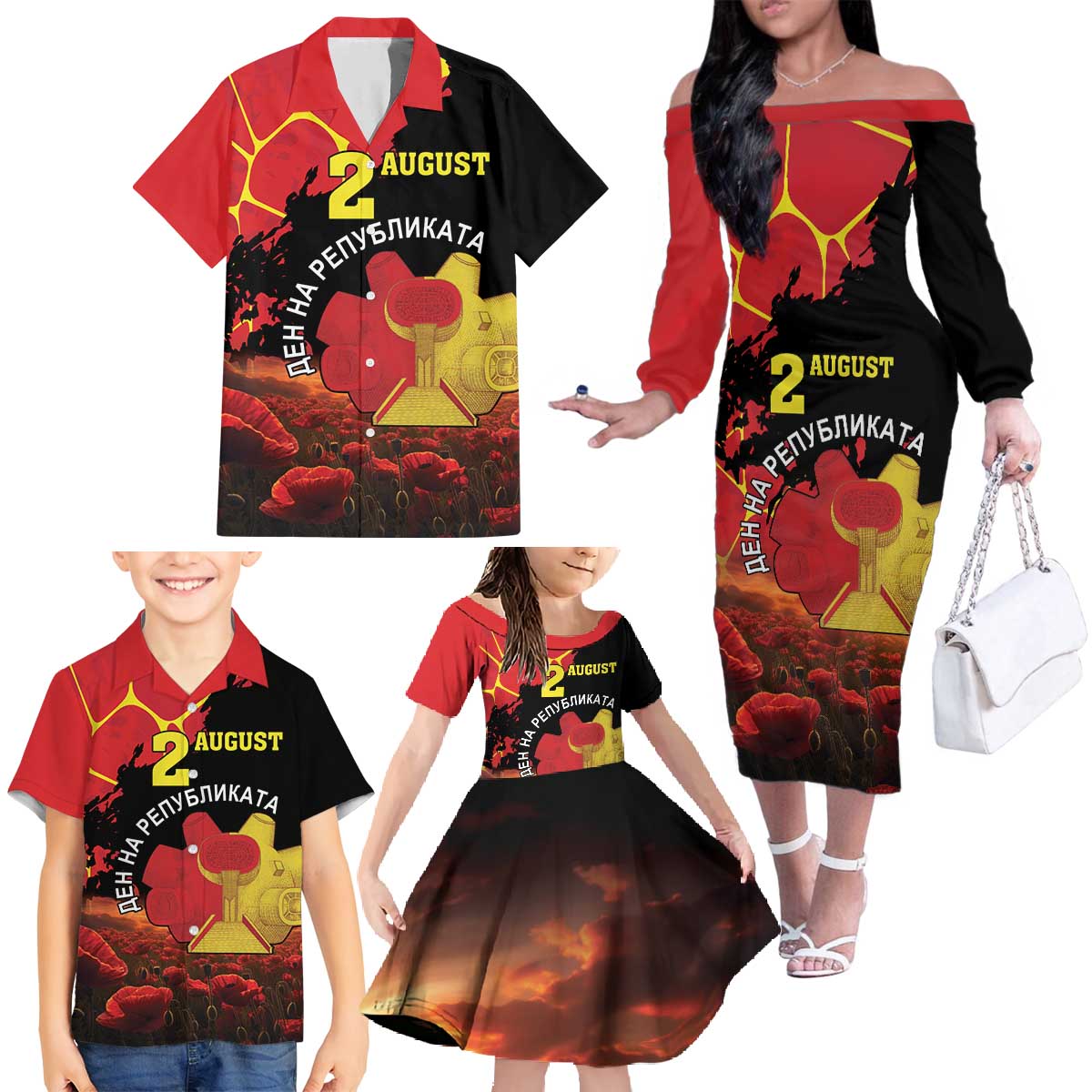 Personalized Macedonia Republic Day Family Matching Off The Shoulder Long Sleeve Dress and Hawaiian Shirt Ilinden Monument Red Poppy - Wonder Print Shop