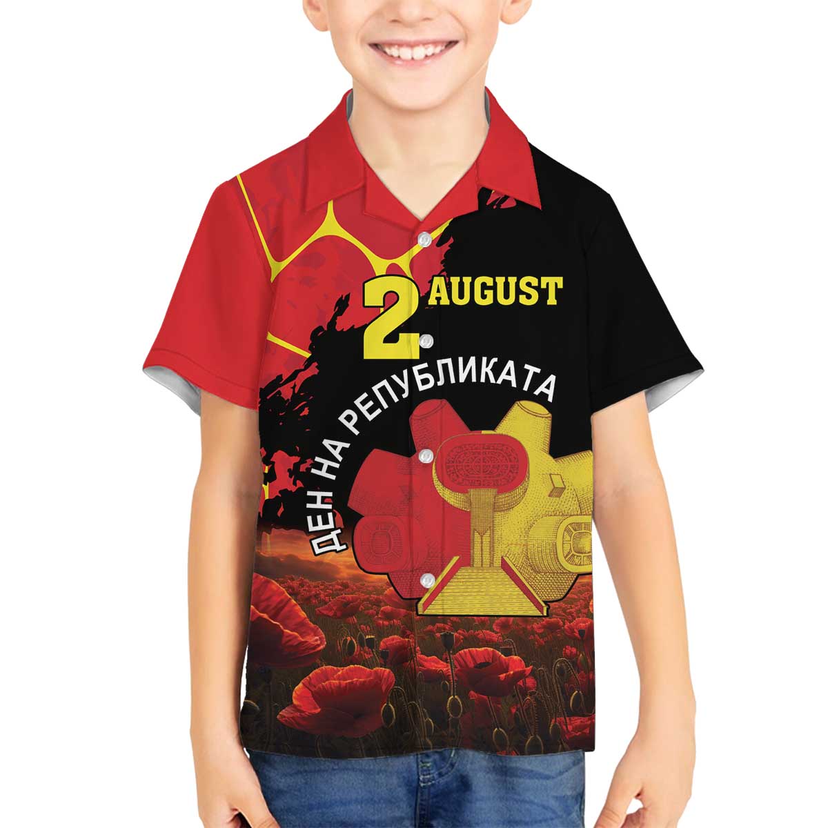 Personalized Macedonia Republic Day Family Matching Off The Shoulder Long Sleeve Dress and Hawaiian Shirt Ilinden Monument Red Poppy - Wonder Print Shop