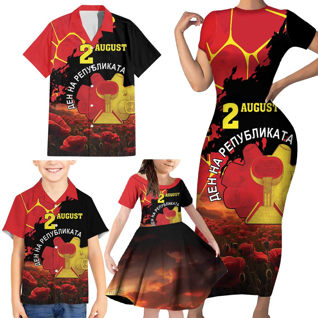 Personalized Macedonia Republic Day Family Matching Short Sleeve Bodycon Dress and Hawaiian Shirt Ilinden Monument Red Poppy - Wonder Print Shop