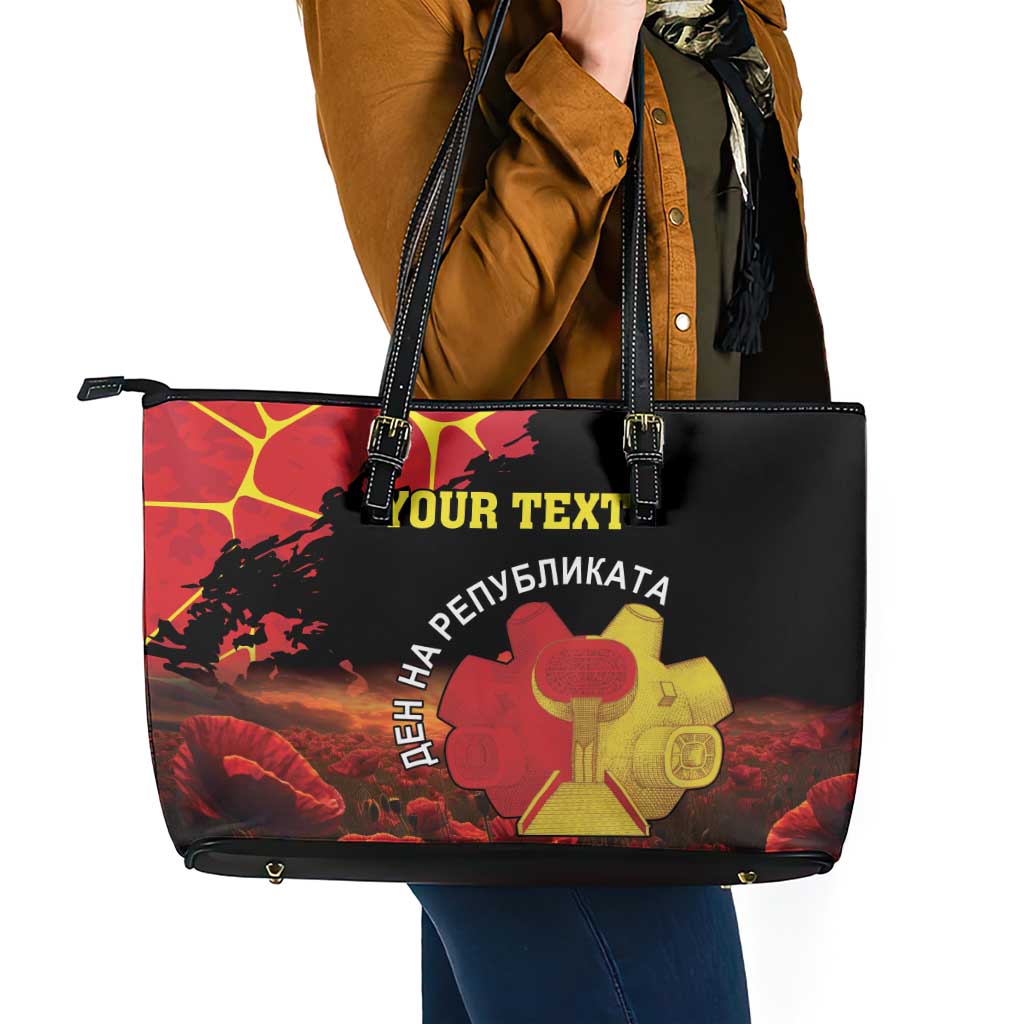Personalized Macedonia Republic Day Leather Tote Bag Ilinden Monument Red Poppy - Wonder Print Shop
